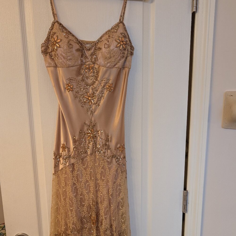 Gold silk cocktail, asymmetrical dress